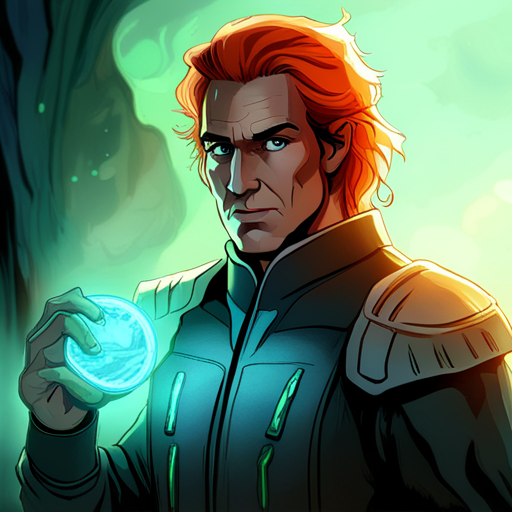 Thraeryn sees Test holding a holographic projector, projecting a garbled message from a scientist. He activates his universal translator, pointing it at the projection, and the message becomes clear. In the dimly lit cave, Thraeryn's red hair and villainous features contrast with the axolotyl's faint green glow. No vehicle details are mentioned.