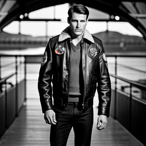 Wrewdison sees a replica of Maverick's iconic leather jacket from Top Gun hanging on a rack. The jacket is made of dark brown leather, with a shearling collar and patches on the shoulders. It is slightly worn, giving it a rugged and adventurous look. The jacket is displayed in a well-lit area, drawing attention to its intricate details.