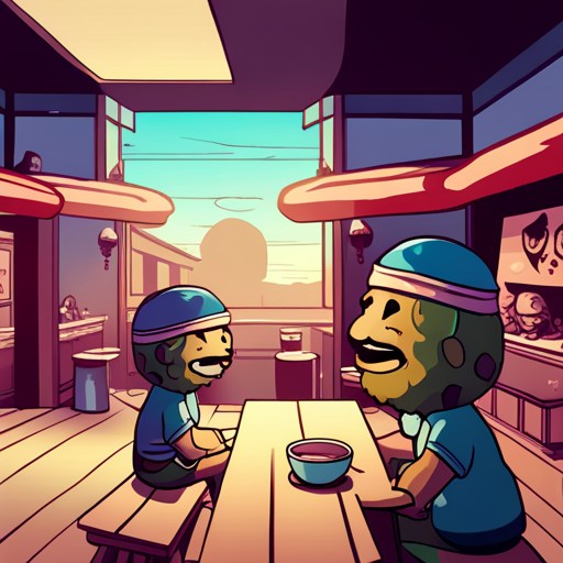 A photo of Kappa, a large turtle-like creature with a bowl on his head, chuckling and speaking to Wrewdison, a tall man with a beard. Kappa's bowl is filled with broth, and he appears slightly damp. The background shows a small ramen restaurant with a mural of a sunrise on the wall. The atmosphere is filled with the delicious smell of ramen.