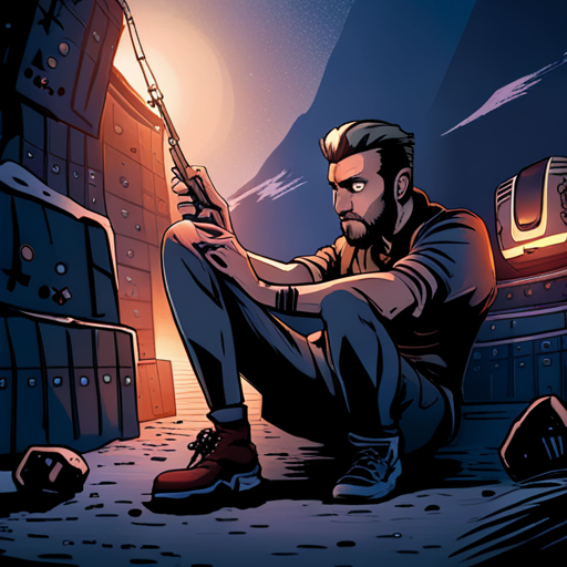 Zeb examines the device in the Senzo crate while it sits next to him in the cave, surrounded by mysterious objects.
