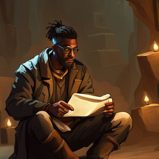 In the photo, Zeb sees wrewdison sitting cross-legged on the ground, surrounded by ancient artifacts and scrolls. The dim light from the flickering torches casts eerie shadows on the walls of the cave. Wrewdison's intense gaze is fixed on a mysterious artifact in his hands, as he uses his powers to unravel its secrets. His eyes glow with a faint otherworldly light, and his focused expression reveals his determination to uncover the arcane knowledge hidden within. The desert cave system stretches out behind him, its rocky walls and sandy floor creating a stark and desolate backdrop. The time of day is late evening, and the air is still and heavy with the scent of ancient dust.