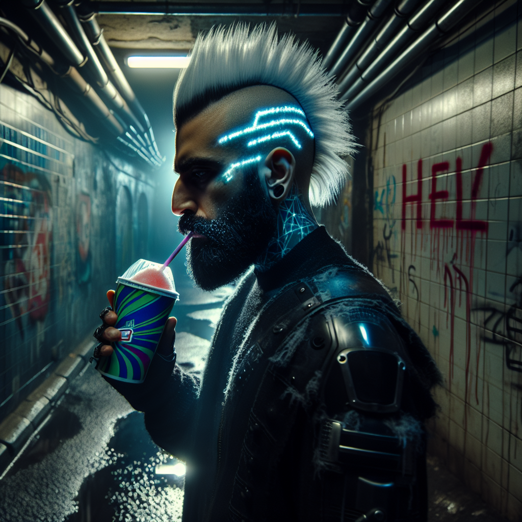 1. A man with a white-streaked mohawk and pointy beard holds a Slurpee, standing in a grimy, wet alley under a flickering light. The word "Hell" is spray-painted nearby.