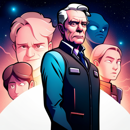 Gordon, a middle-aged man with graying hair and a strong jawline, stands confidently in front of B1zz0. B1zz0, a blue alien with stars on their antennae, observes Gordon's serious expression and determined posture. The Corpo Manager, wearing an armored vest and holding a clipboard, watches the interaction with furrowed eyebrows. Outside the window, a group of stern and determined Corpo Security Guards approach the hut. Time is running out, and B1zz0 must act swiftly to complete their mission.

