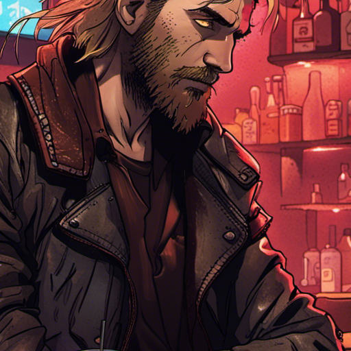 Zeb, a tall man with messy blond hair and a scruffy beard, sits at the bar of The Chatsubo. He wears a worn-out leather jacket and a tired expression on his face. The dim red lights cast a gloomy atmosphere, highlighting the empty space around him. The bartender, Ratz, stands behind the bar, his robotic arm gleaming in the low light. A drunk man lies nearby, unconscious and surrounded by his own drool. The Ono Sendai Cyberspace 7 bag rests on the floor, forgotten. It's a quiet moment in the bar, with wrewdison observing the scene from a distance.