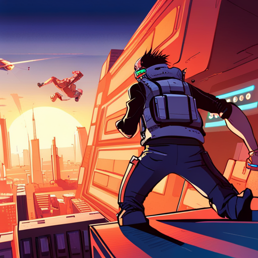Test sees Crash Override, a rebellious hacker wearing cargo pants and a vest with lots of pockets. He has a heads-up-display covering one eye and is standing in front of a giant Wipeout videogame console. He nods in greeting and looks over his shoulder at the game.