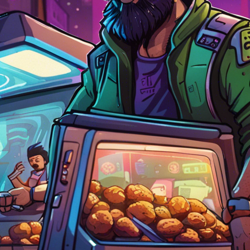 Zeb stands on a busy downtown street, surrounded by the vibrant energy of the city at night. He waves at intoverflow, a dusty mathematician, who stands next to a small food cart. The mustached falafel guy serves up delicious falafel nearby. Zeb, with his bearded face and short mohawk, exudes a coolness as he looks at intoverflow with a friendly smile. The dark sky is illuminated by the city lights reflecting off low clouds, creating a damp and atmospheric setting.